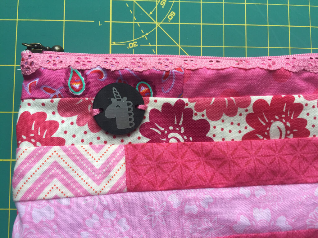 Unicorn Tag on Pink Patchwork Pouch from Hugs are Fun